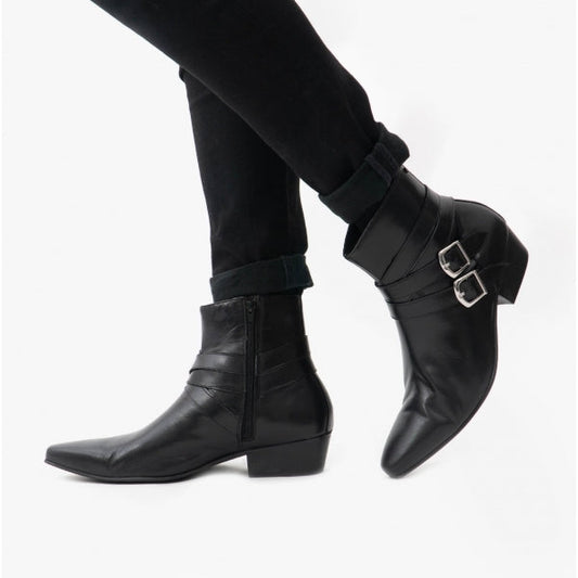 Club Cubano RODRIGO Mens Cuban Heel Winklepicker Buckle Boots Black