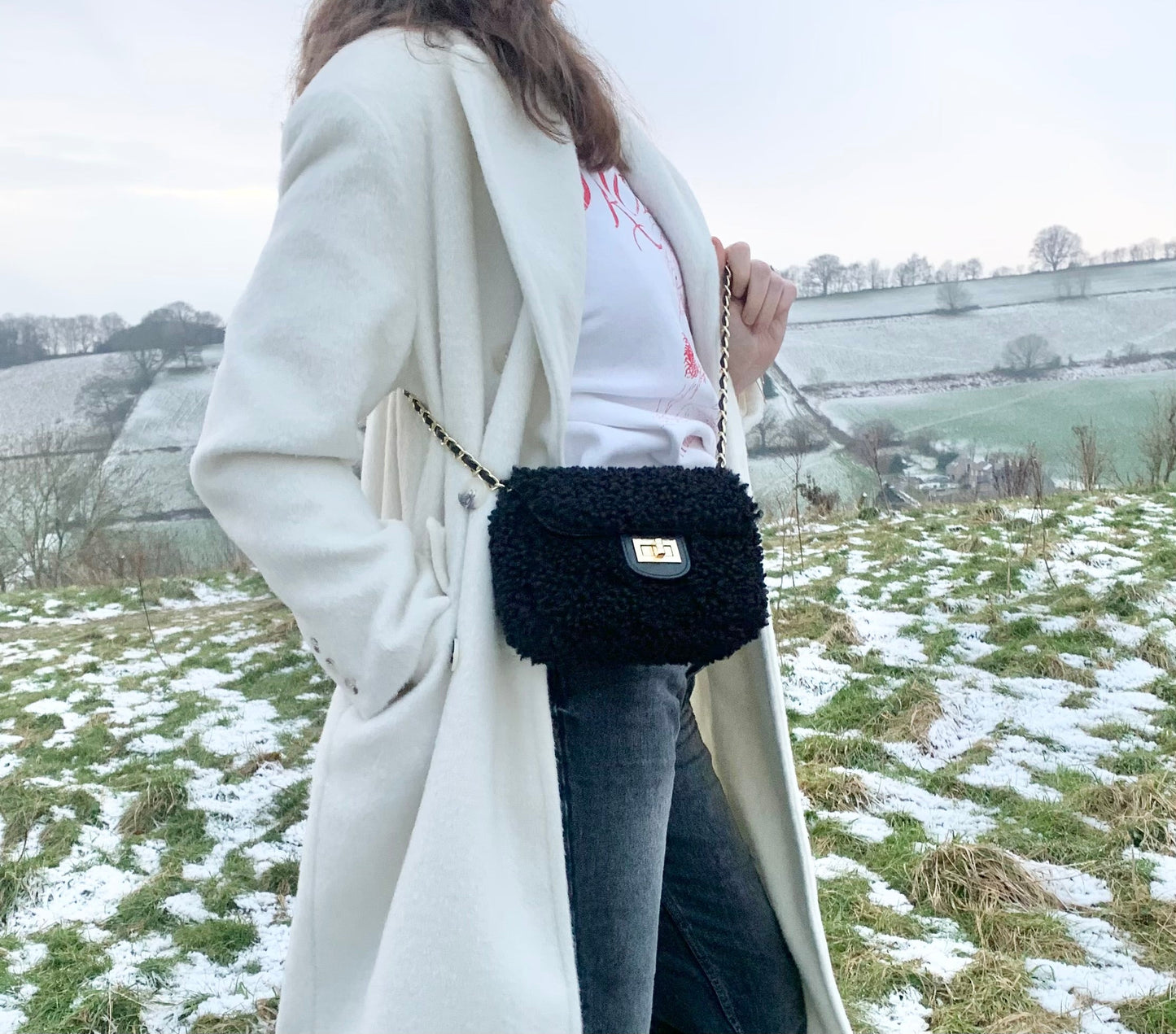 Faux Shearling And Leather Bag With Chain Handle - Willow STUDIO TEW