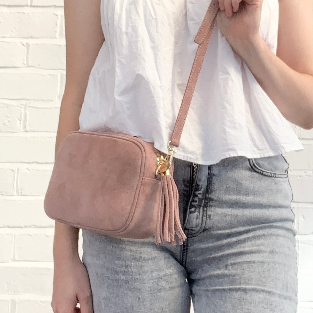 Rose Pink Suede Crossbody Bag With Tassel - Jean STUDIO TEW