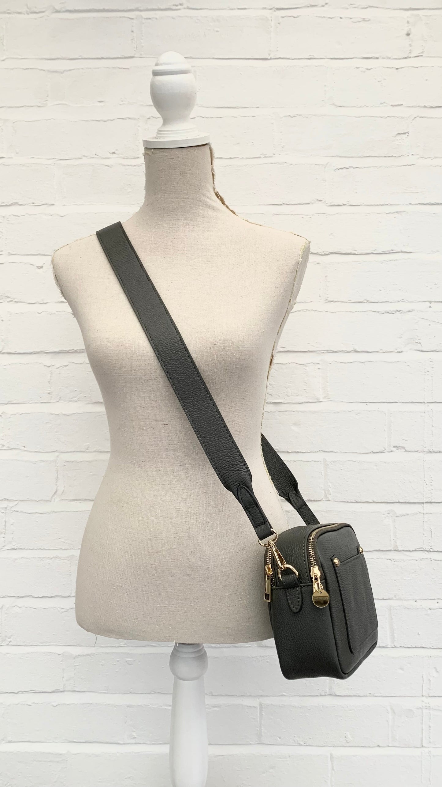 Dark Grey Leather Double Zip Bag - Victoria STUDIO TEW