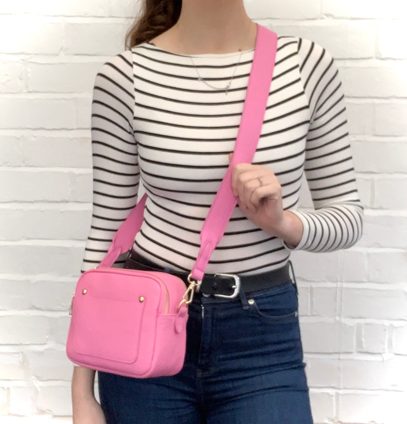 Bright Pink Leather Double Zip bag - Victoria STUDIO TEW