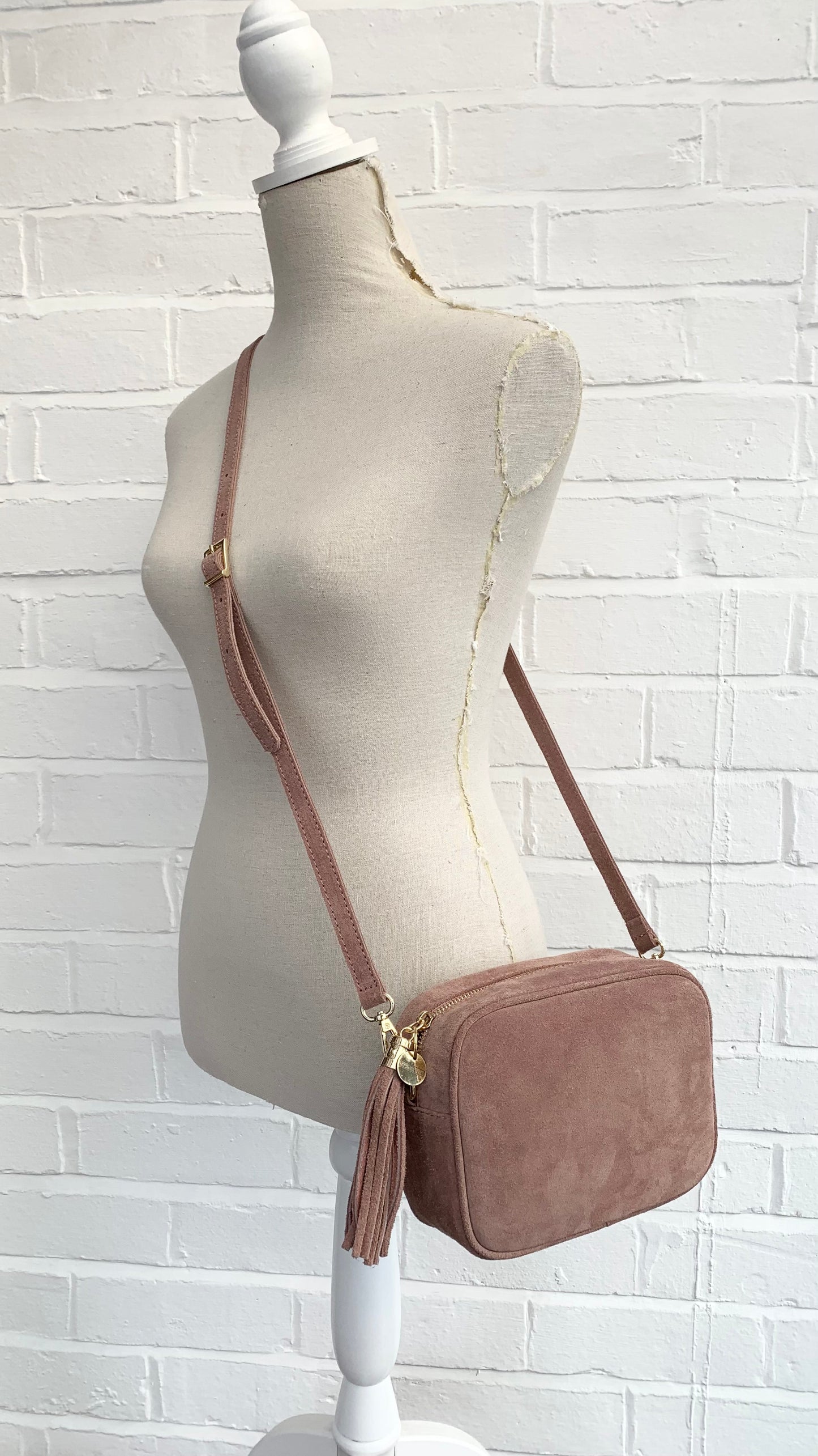 Rose Pink Suede Crossbody Bag With Tassel - Jean STUDIO TEW
