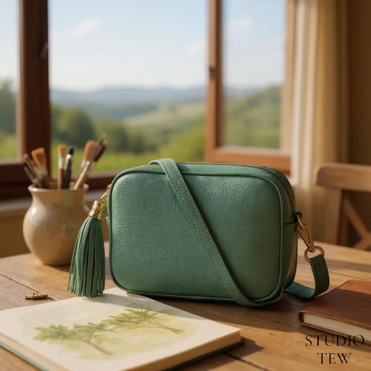 Dusty Green Leather Crossbody Bag With Tassel - Darcy STUDIO TEW