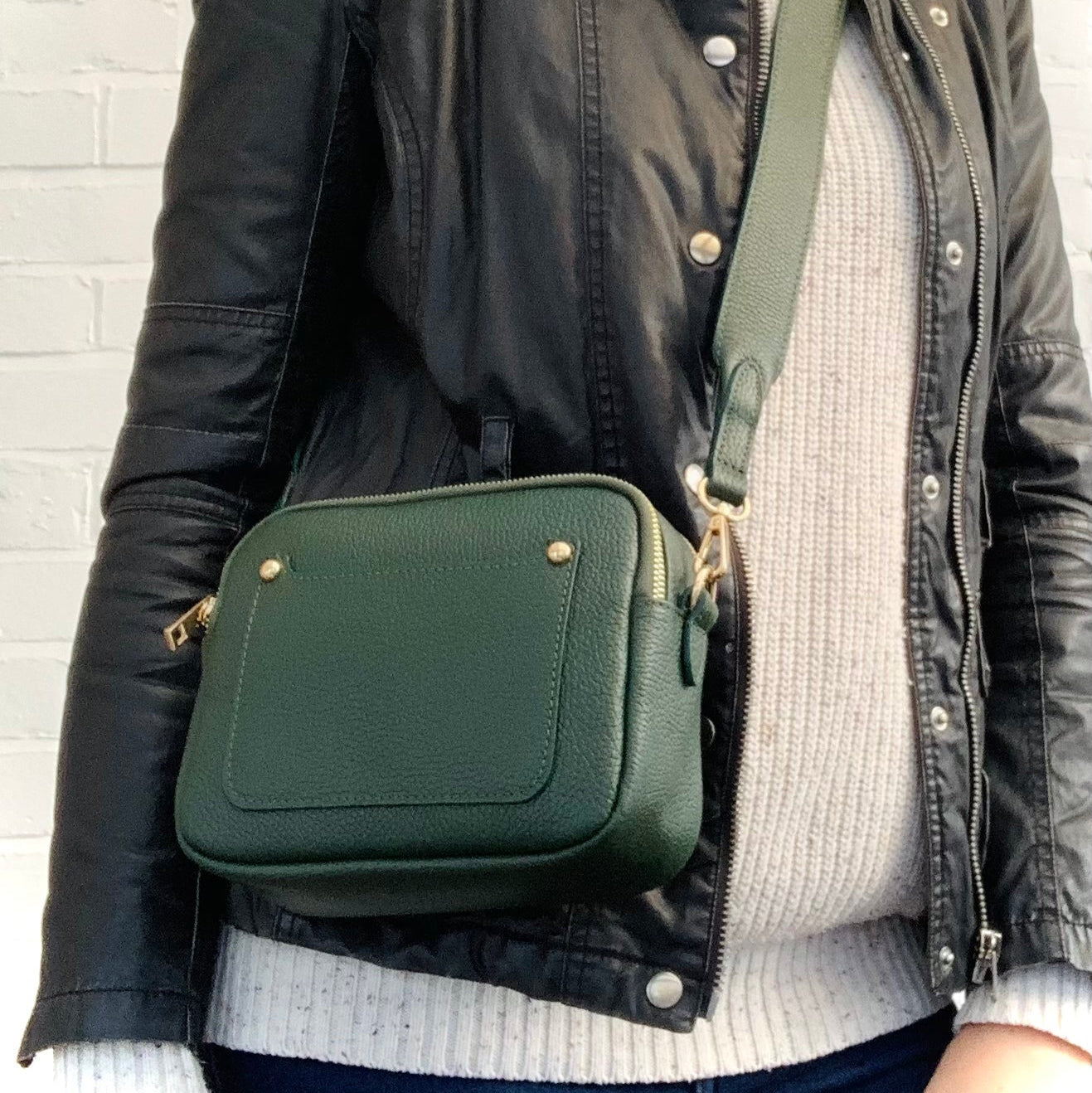Dark Green Leather Double Zip Bag - Victoria STUDIO TEW