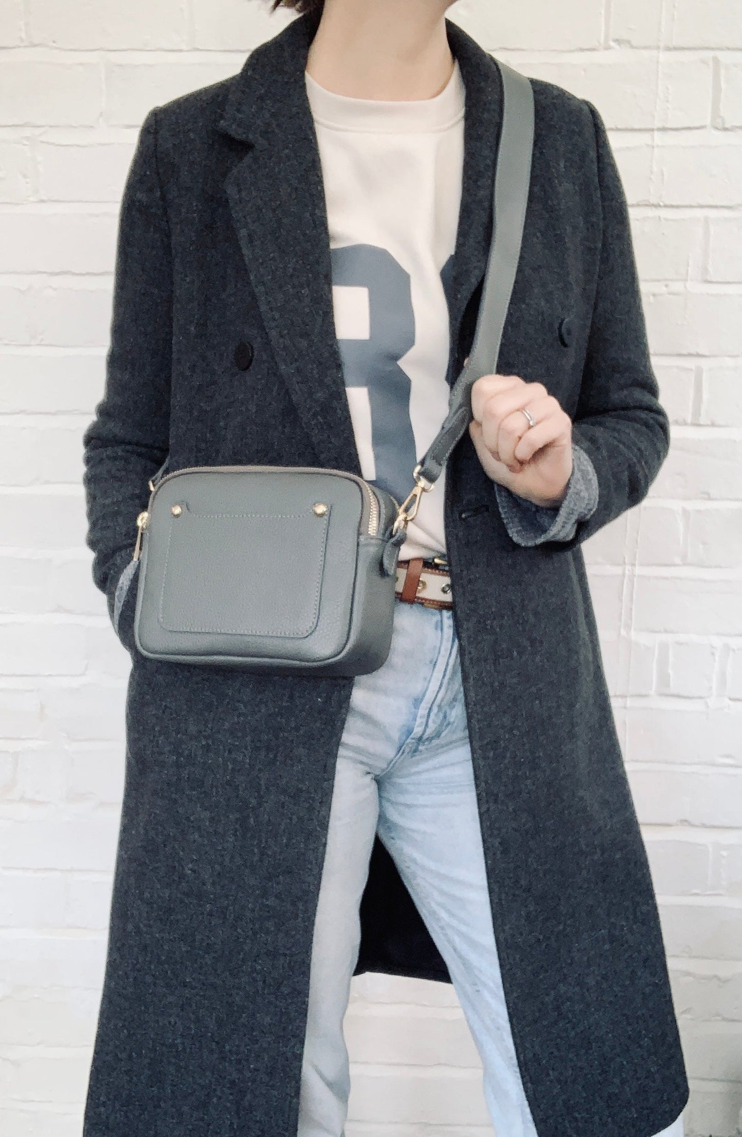 Dark Grey Leather Double Zip Bag - Victoria STUDIO TEW