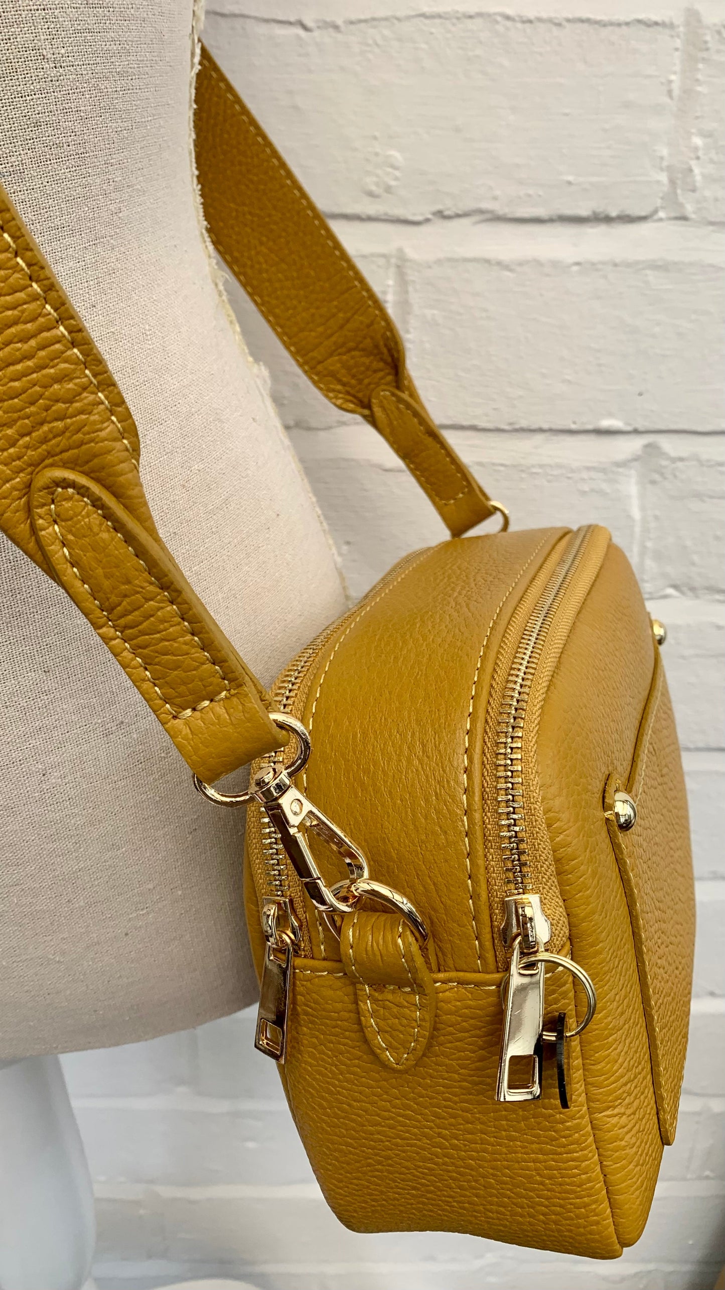Mustard Leather Double Zip Bag - Victoria STUDIO TEW