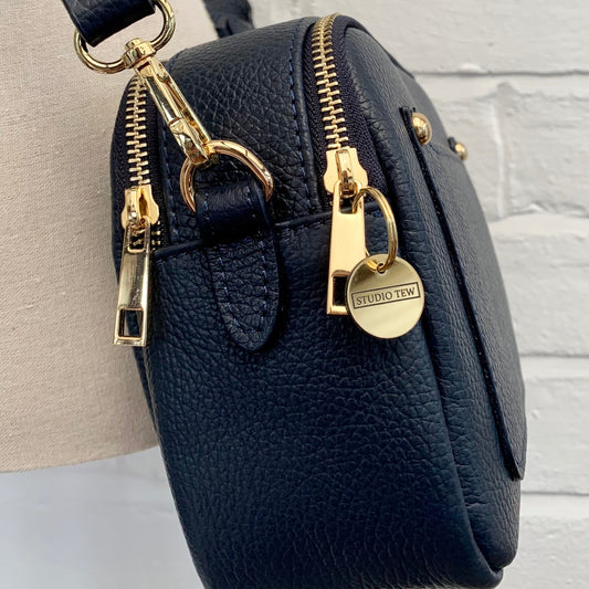 Navy Leather Double Zip Bag - Victoria STUDIO TEW