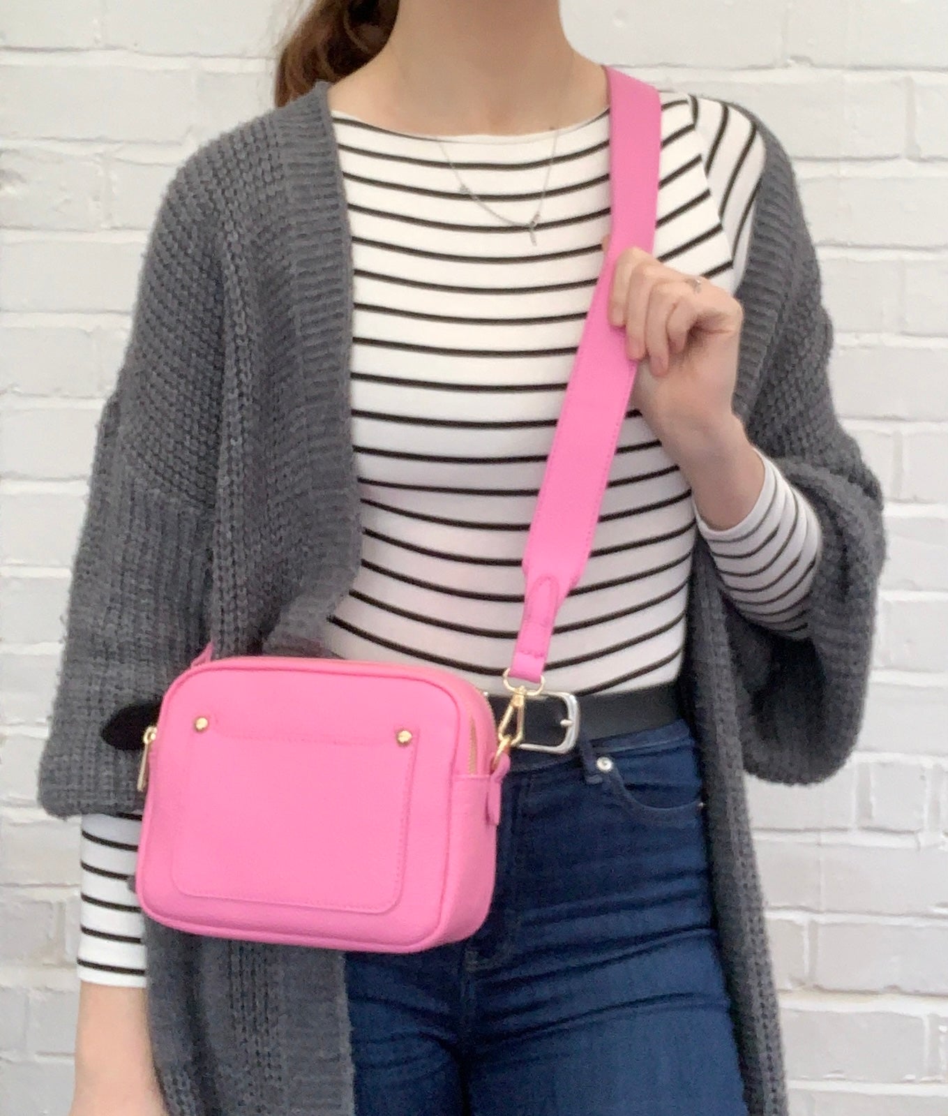Bright Pink Leather Double Zip bag - Victoria STUDIO TEW