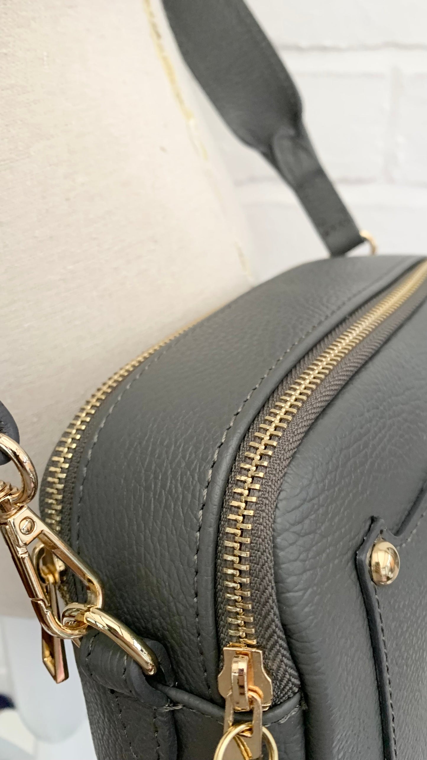 Dark Grey Leather Double Zip Bag - Victoria STUDIO TEW