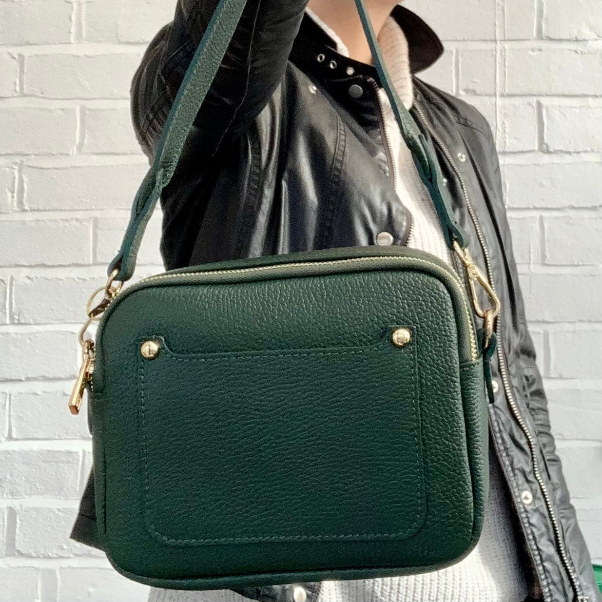 Dark Green Leather Double Zip Bag - Victoria STUDIO TEW