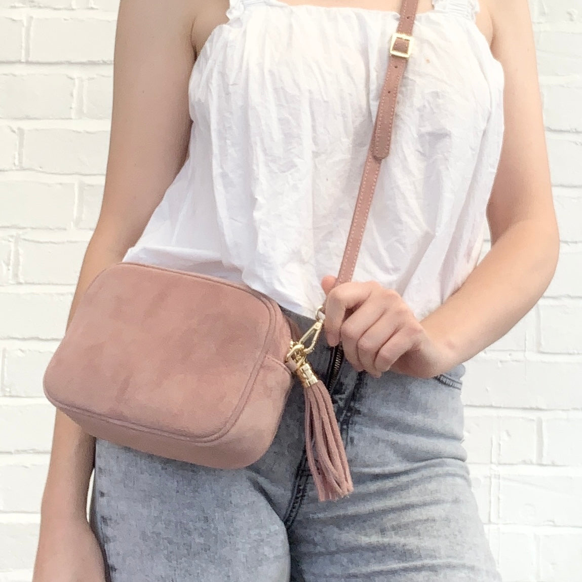 Rose Pink Suede Crossbody Bag With Tassel - Jean STUDIO TEW