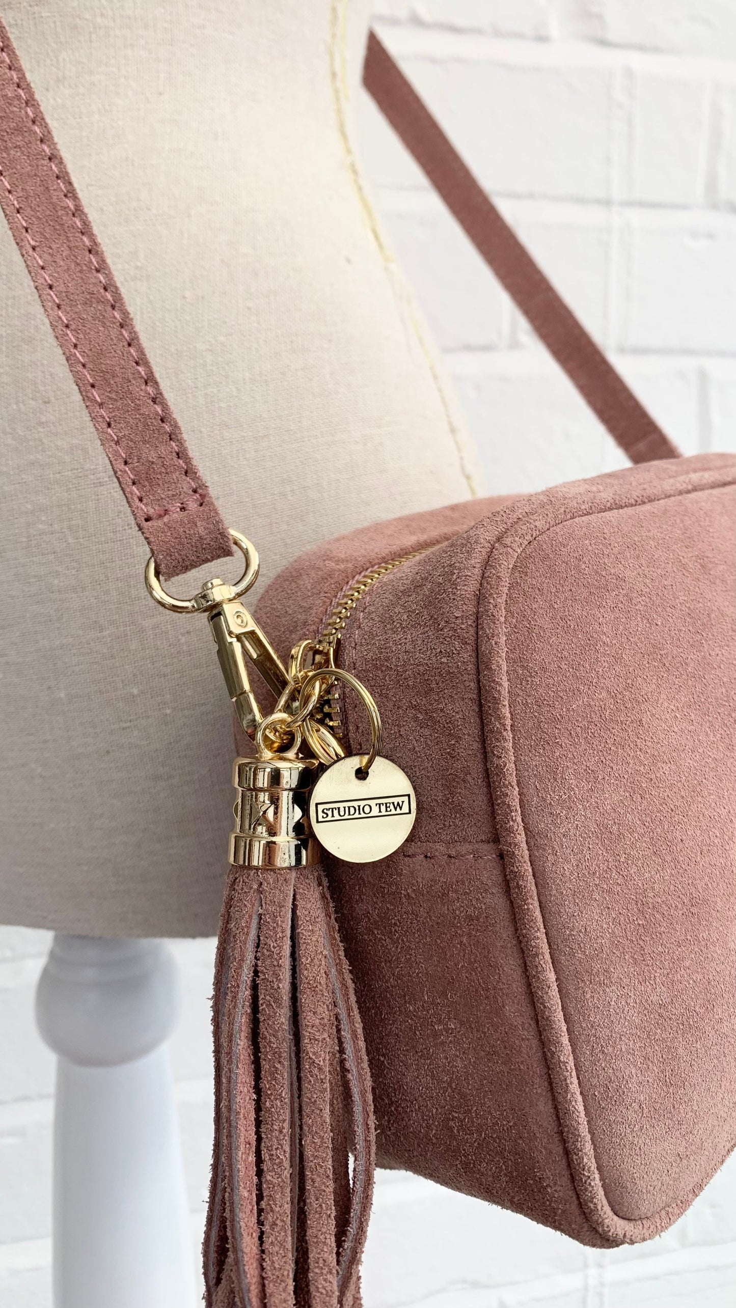 Rose Pink Suede Crossbody Bag With Tassel - Jean STUDIO TEW