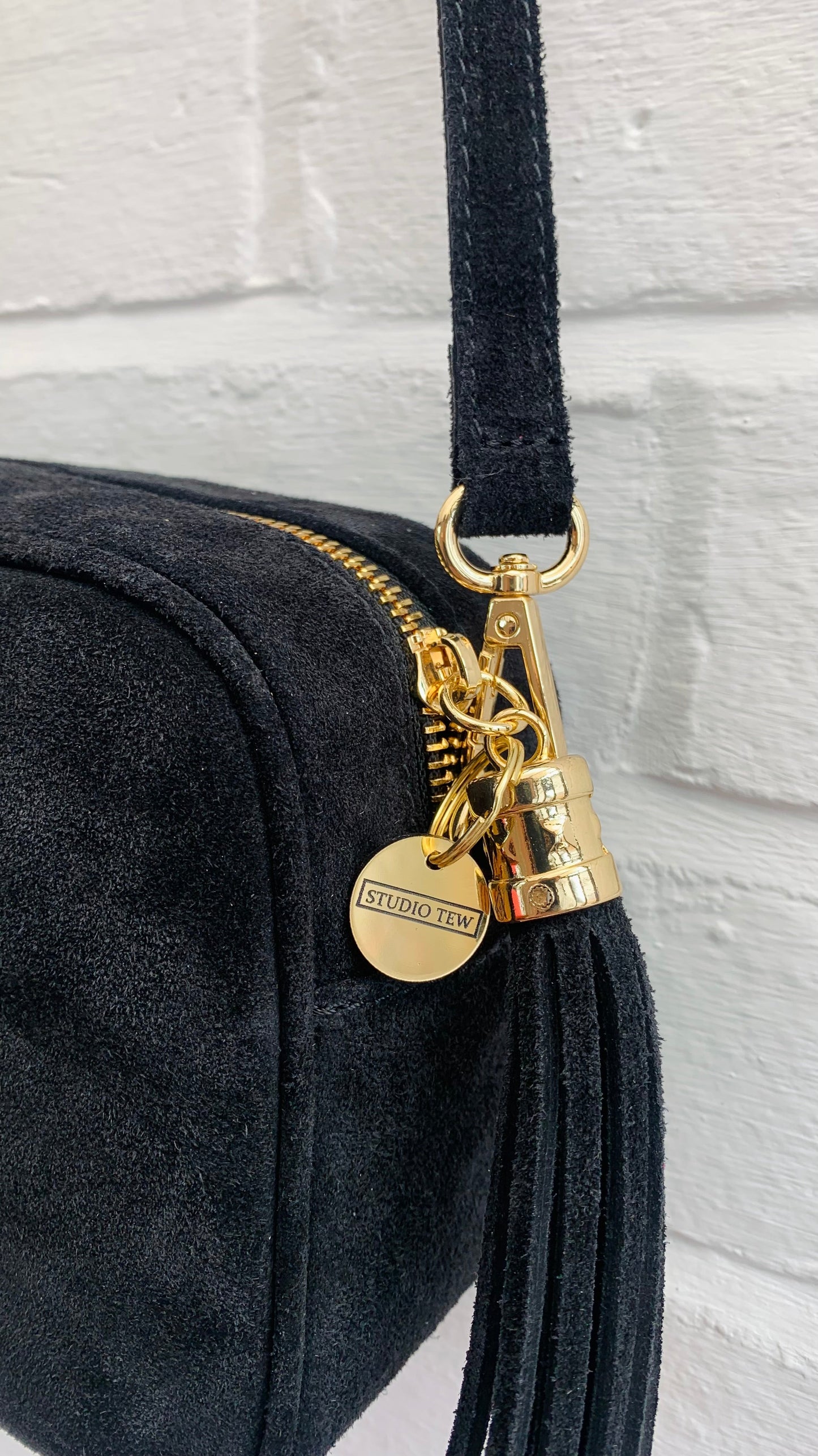 Black Suede Crossbody Bag With Tassel - Jean STUDIO TEW