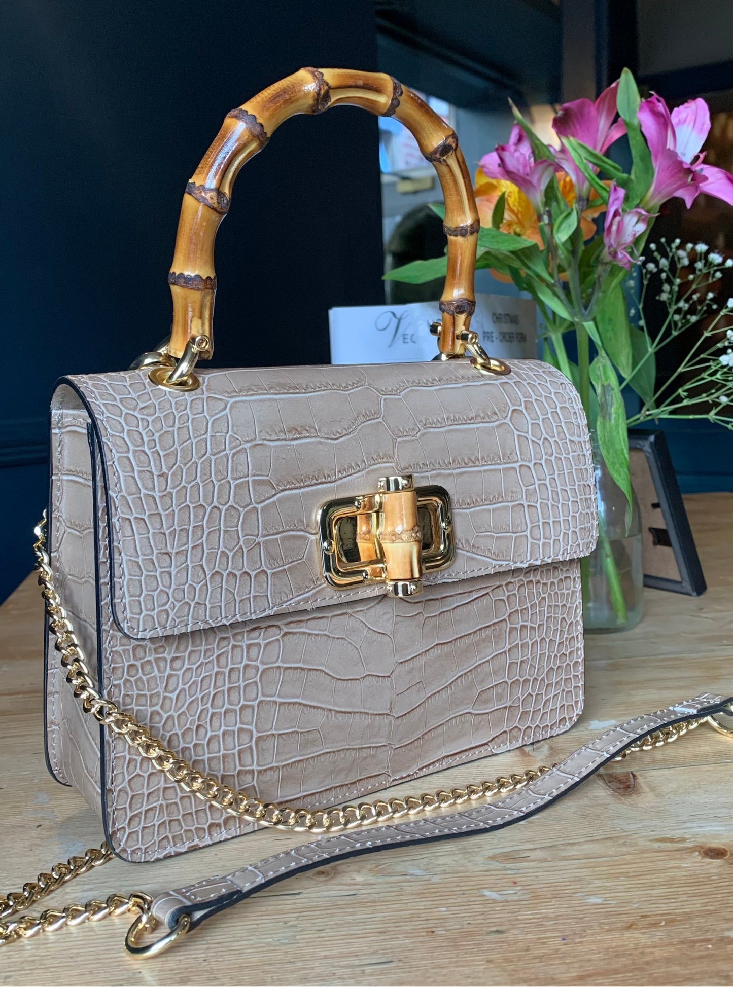 Taupe Leather Crocodile Print Bag With Twist Lock - Genevieve
