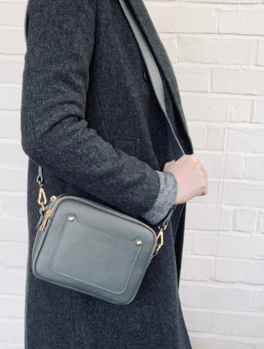Dark Grey Leather Double Zip Bag - Victoria STUDIO TEW