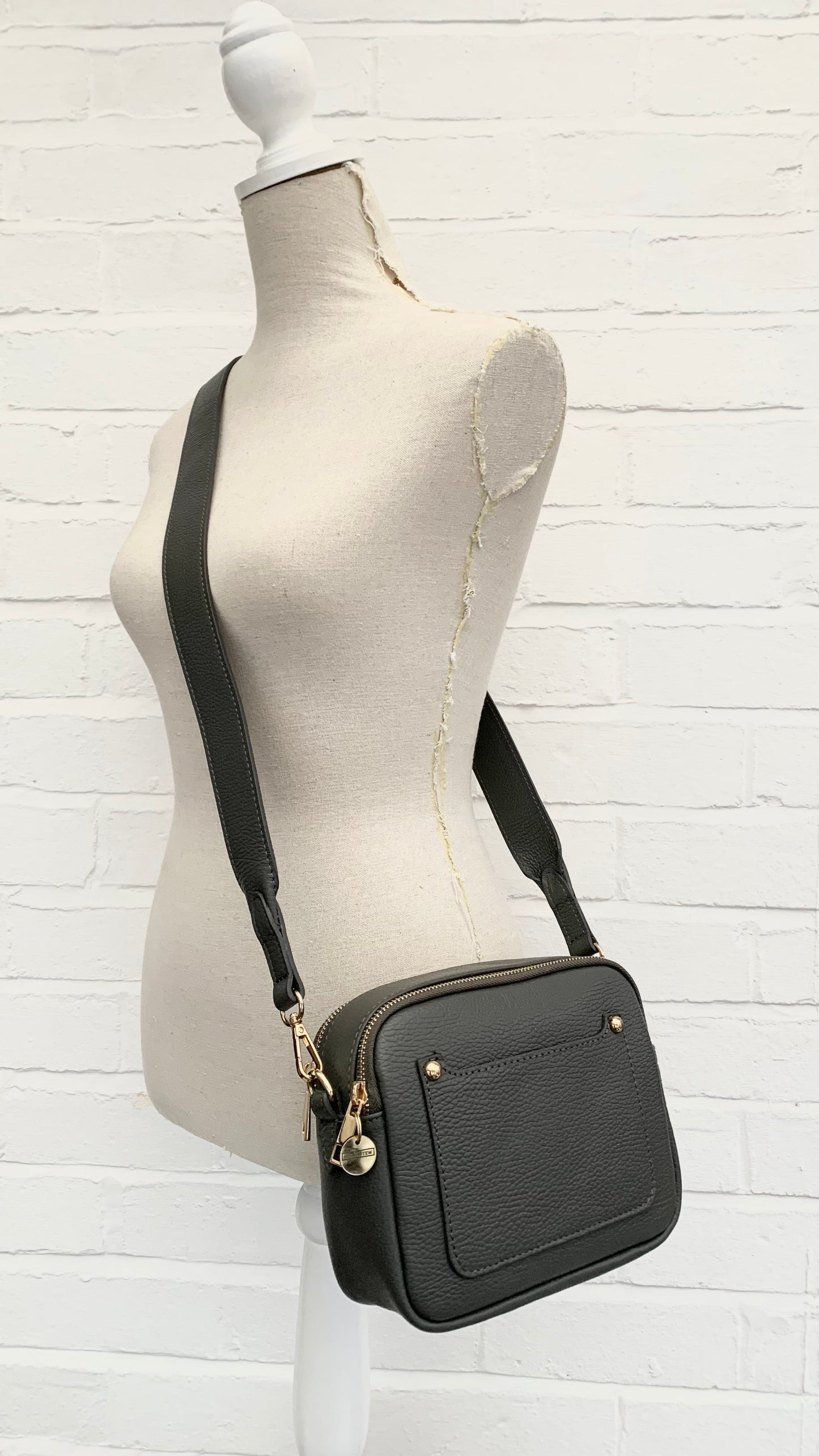 Dark Grey Leather Double Zip Bag - Victoria STUDIO TEW