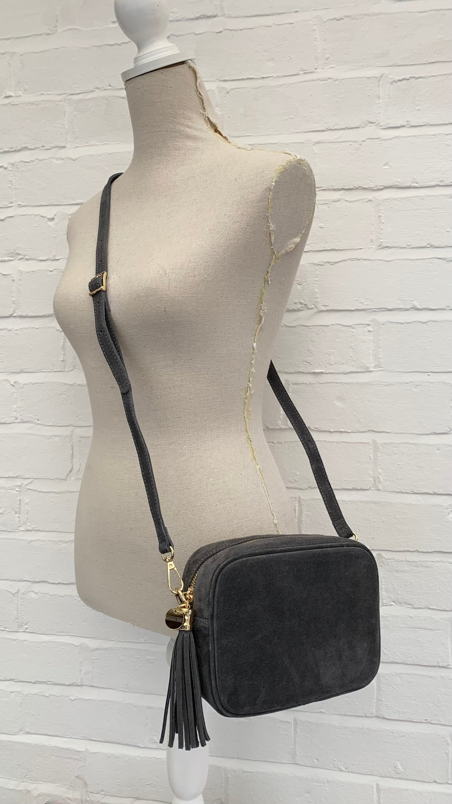 Dark Grey Suede Crossbody Bag With Tassel - Jean STUDIO TEW