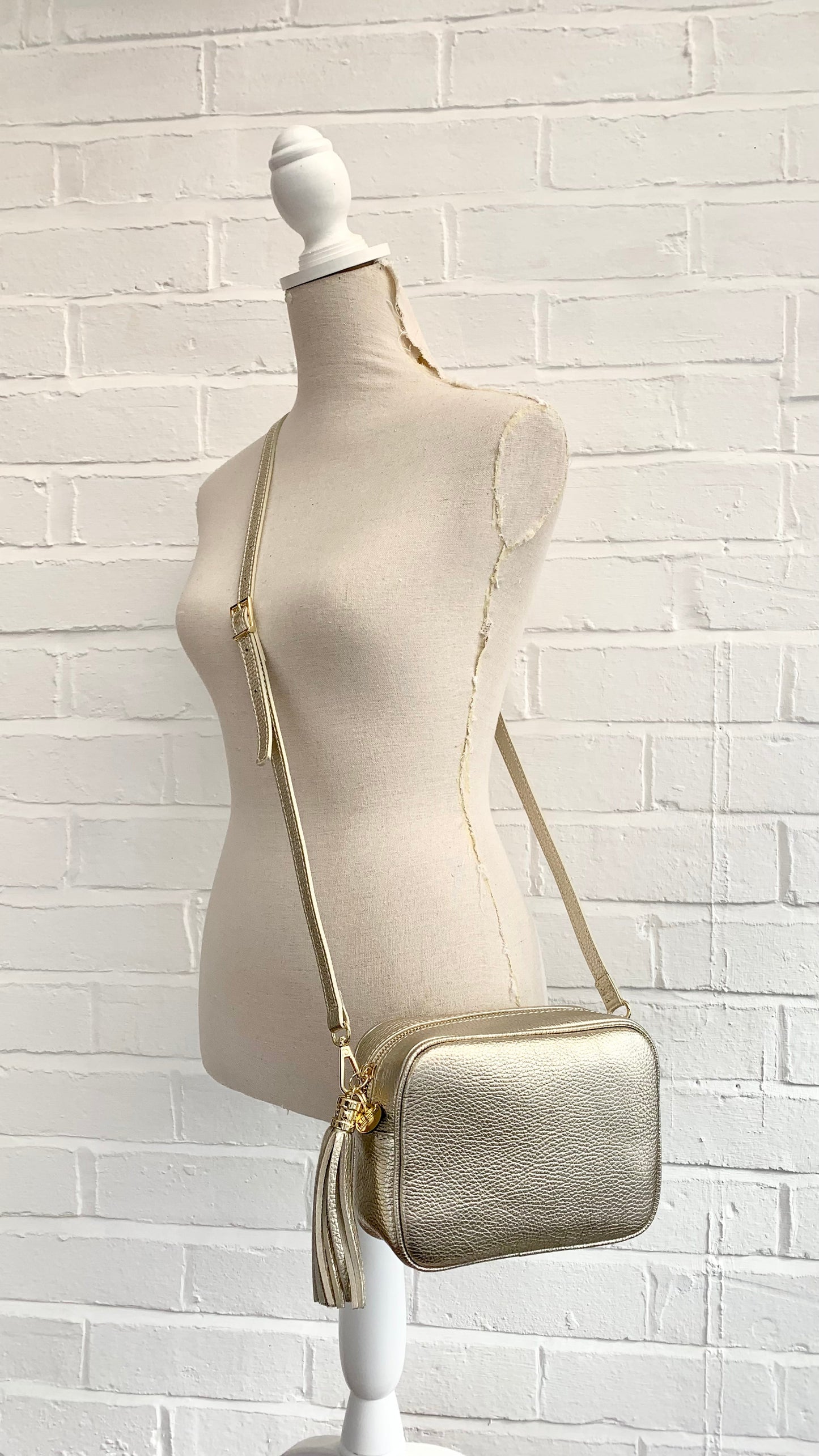 Gold Leather Crossbody Bag With Tassel - Darcy STUDIO TEW