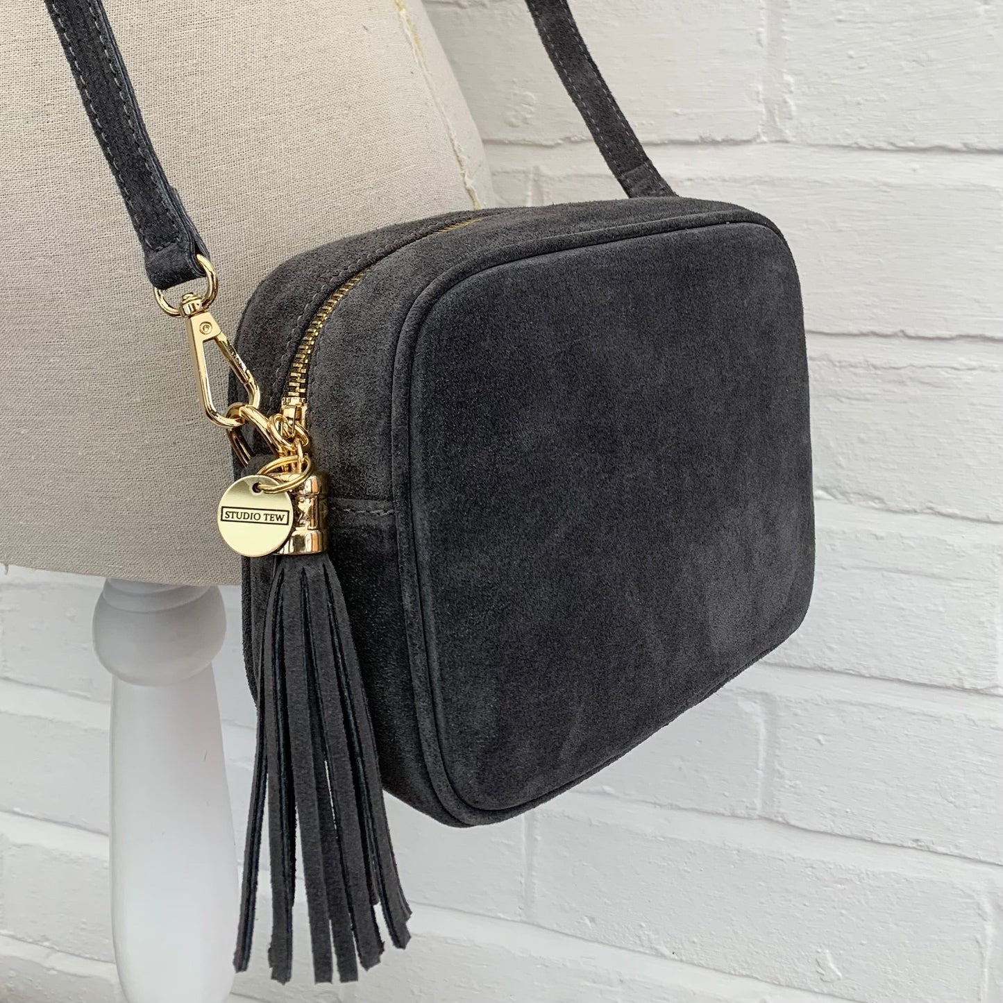 Dark Grey Suede Crossbody Bag With Tassel - Jean STUDIO TEW
