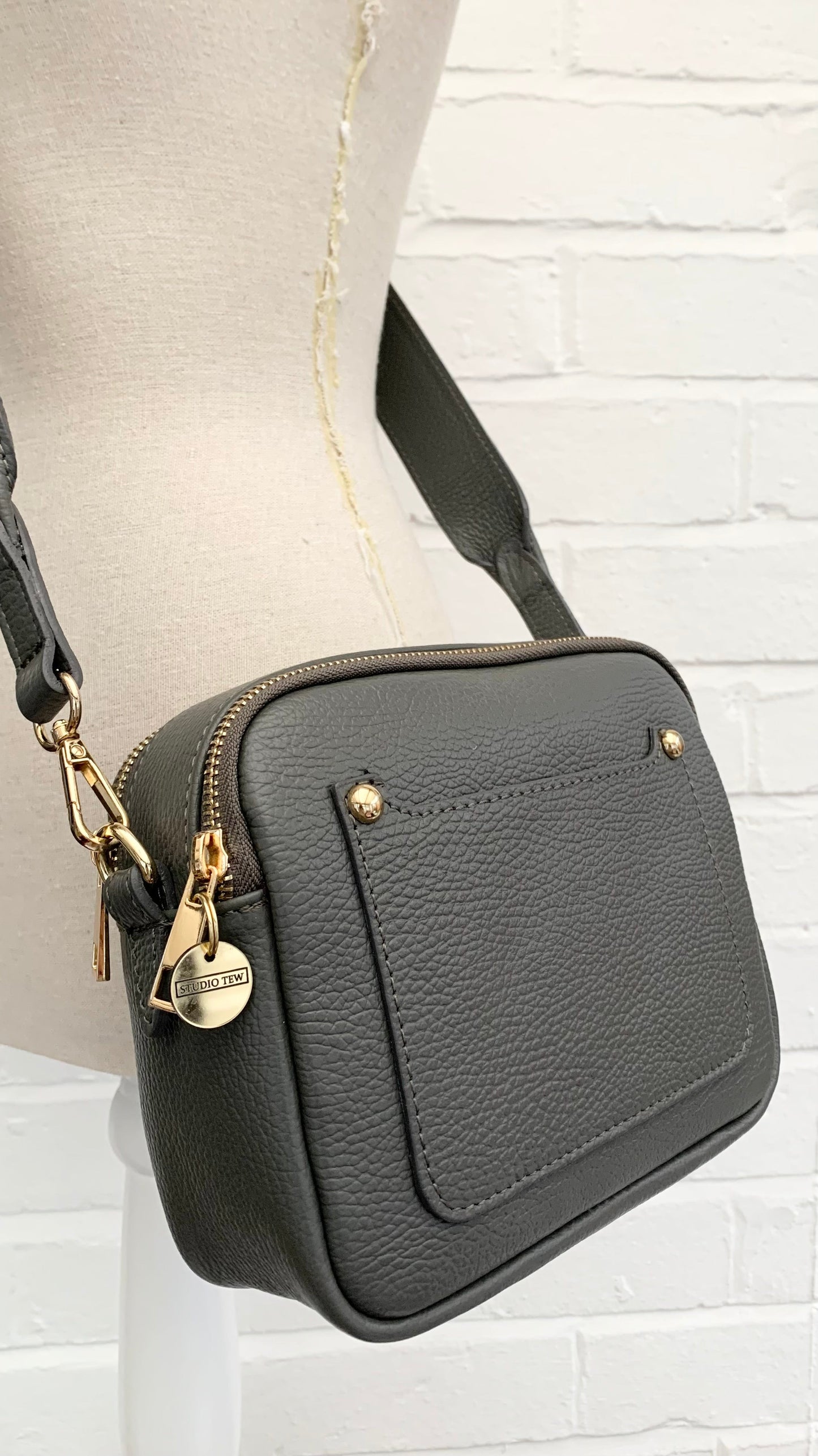 Dark Grey Leather Double Zip Bag - Victoria STUDIO TEW
