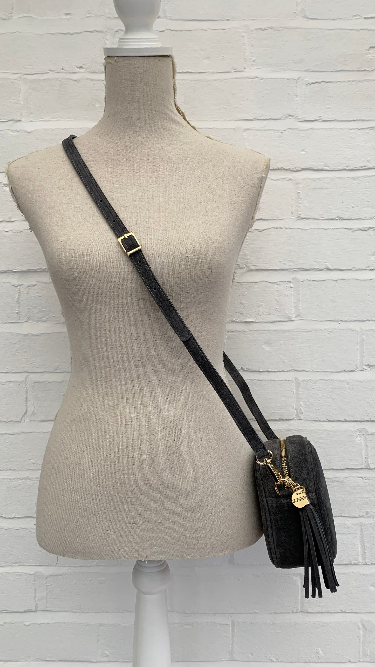 Dark Grey Suede Crossbody Bag With Tassel - Jean STUDIO TEW