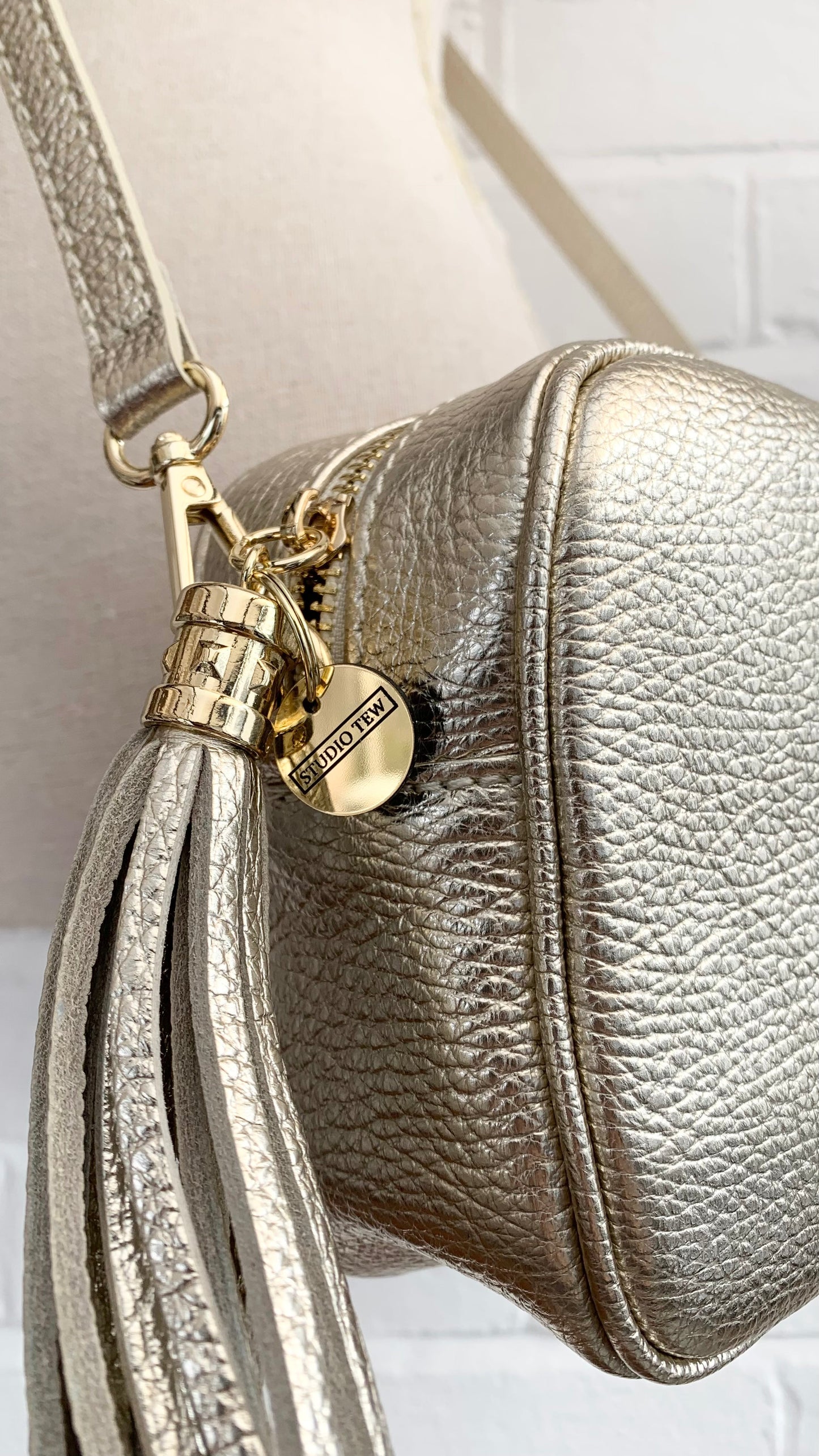 Gold Leather Crossbody Bag With Tassel - Darcy STUDIO TEW