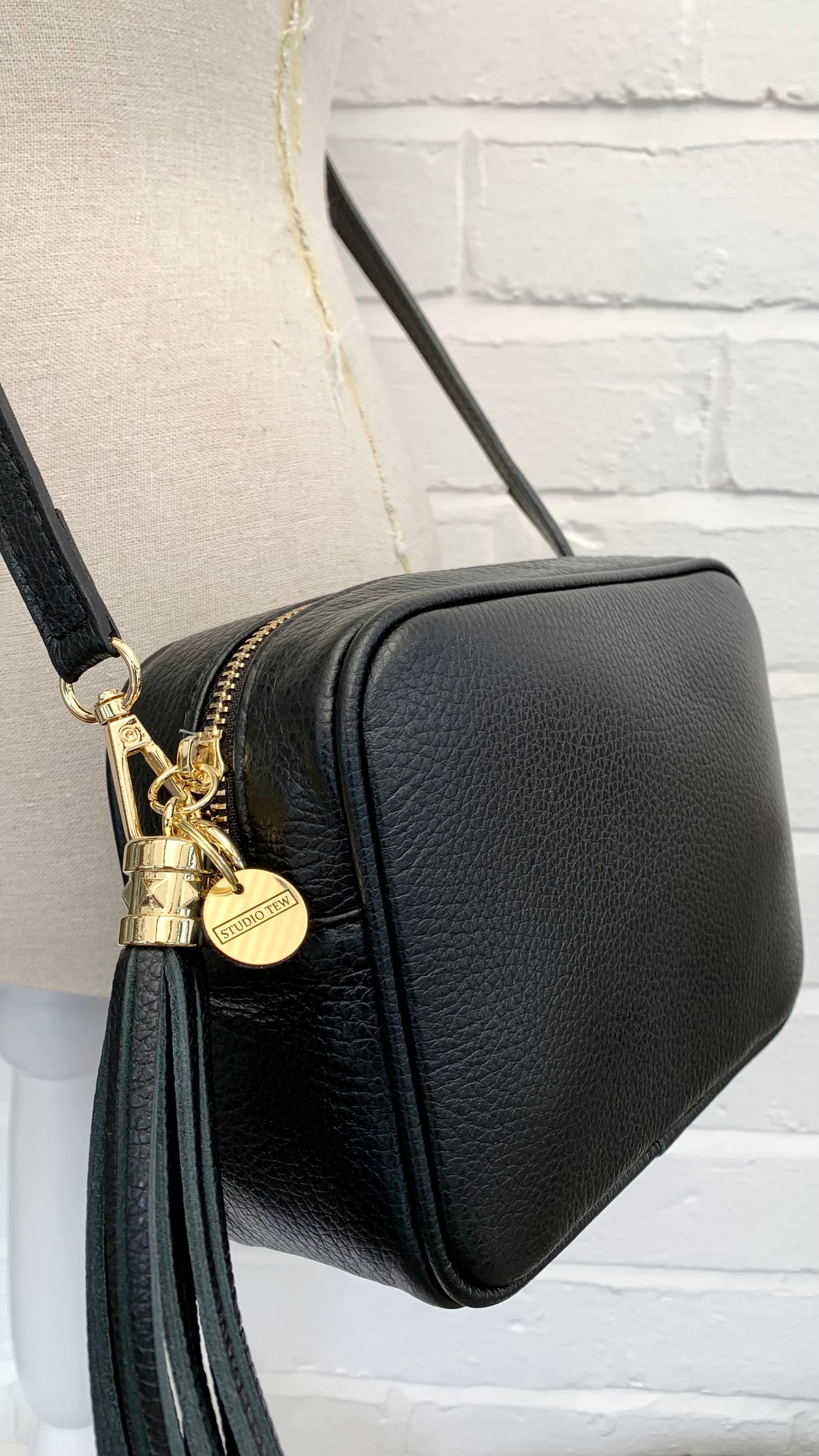 Black Leather Crossbody Bag With Tassel & Strap - Darcy STUDIO TEW