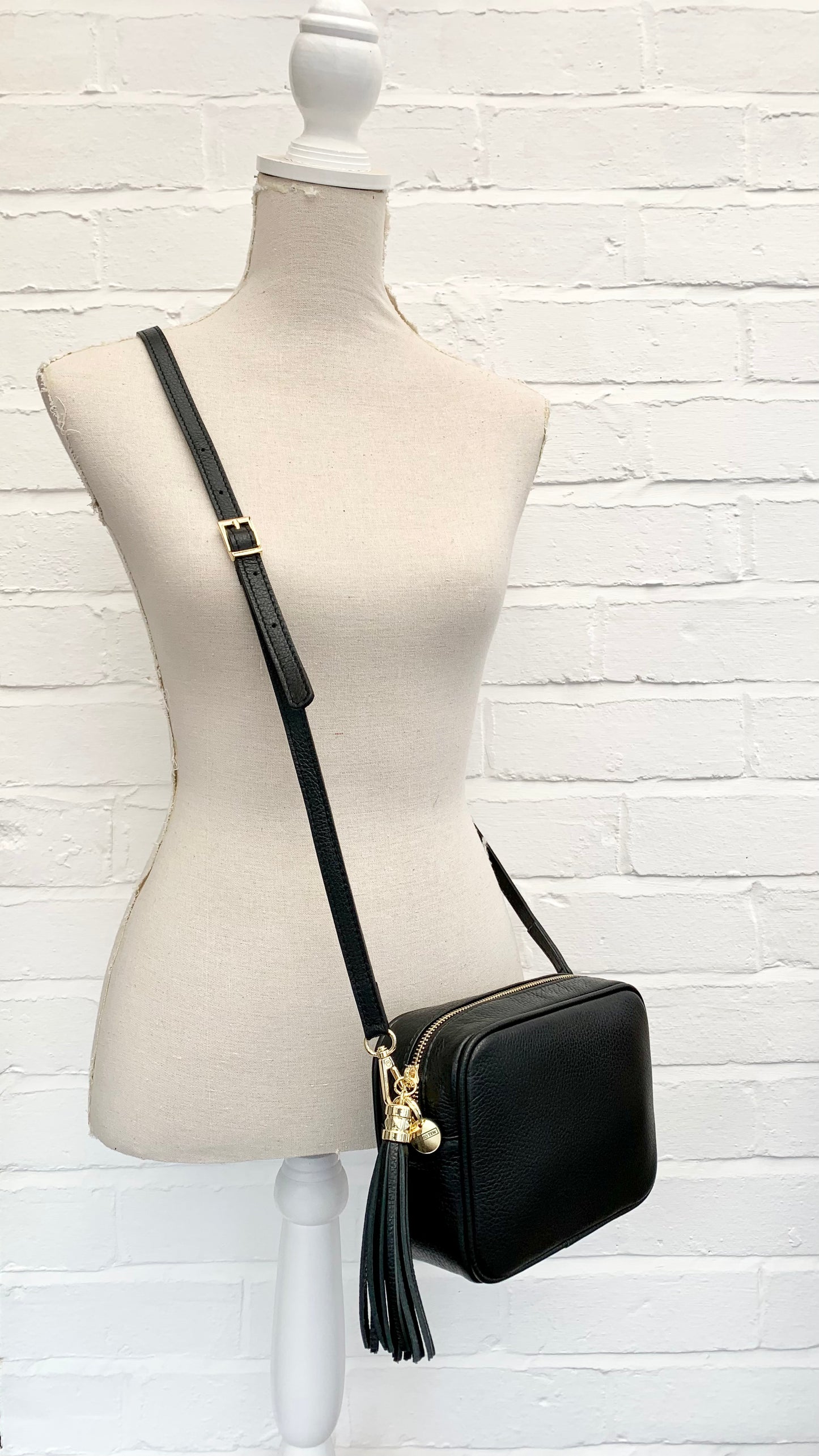 Black Leather Crossbody Bag With Tassel & Strap - Darcy STUDIO TEW