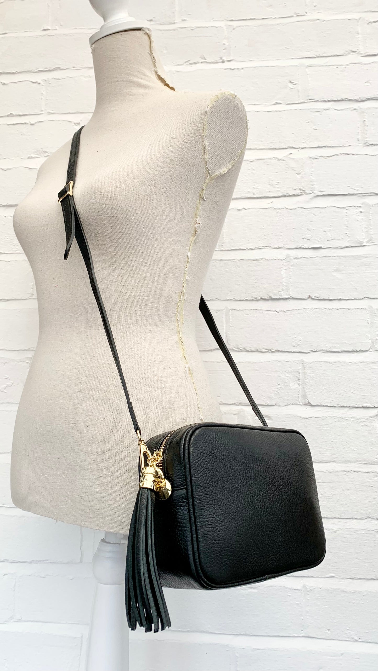 Black Leather Crossbody Bag With Tassel & Strap - Darcy STUDIO TEW