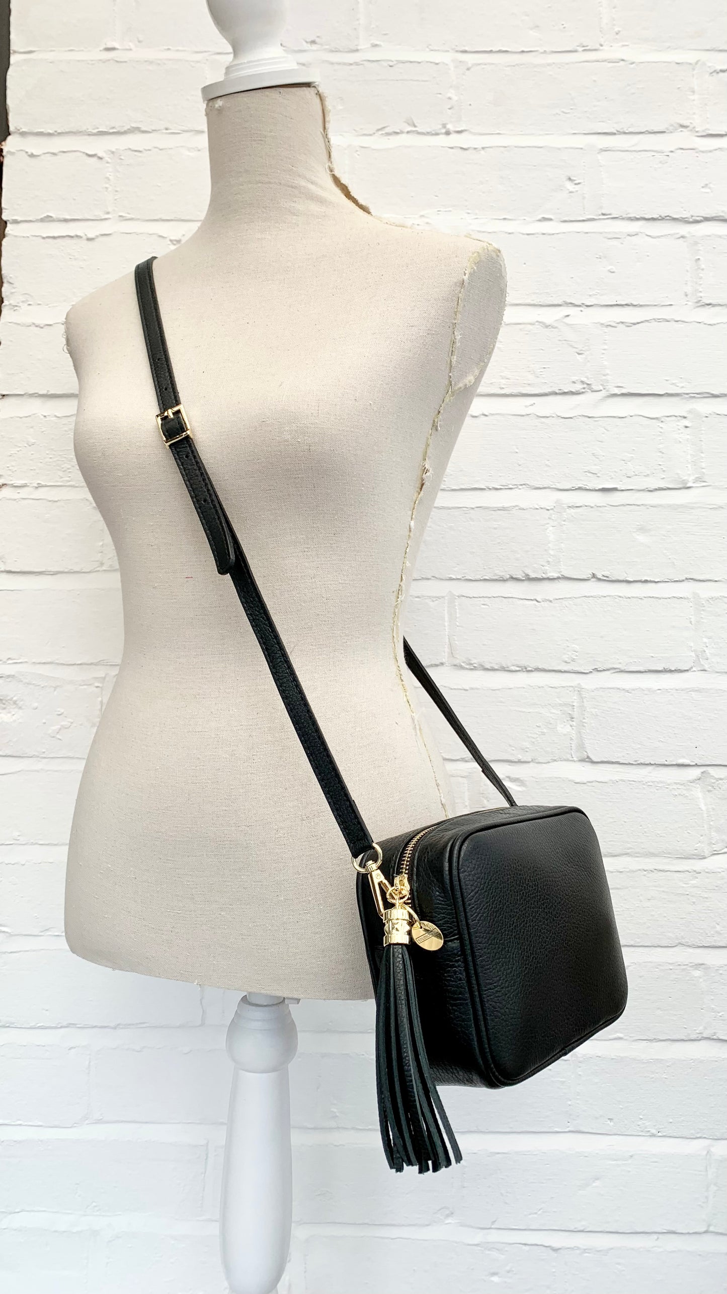 Black Leather Crossbody Bag With Tassel & Strap - Darcy STUDIO TEW