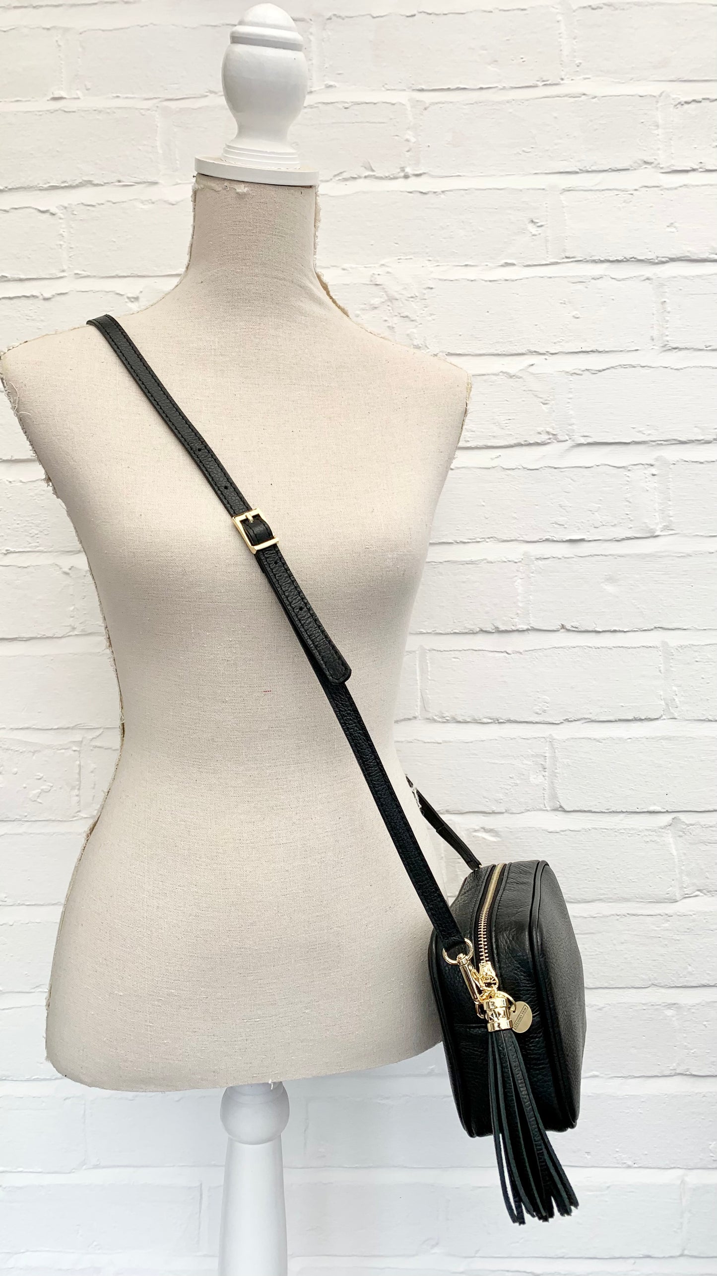 Black Leather Crossbody Bag With Tassel & Strap - Darcy STUDIO TEW
