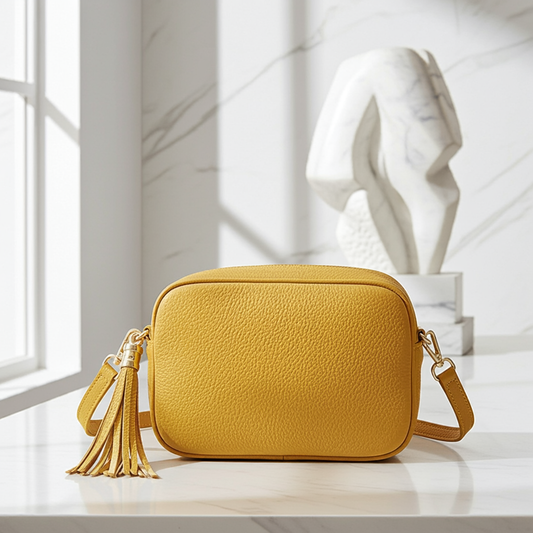 Mustard Leather Crossbody Bag With Tassel - Darcy STUDIO TEW