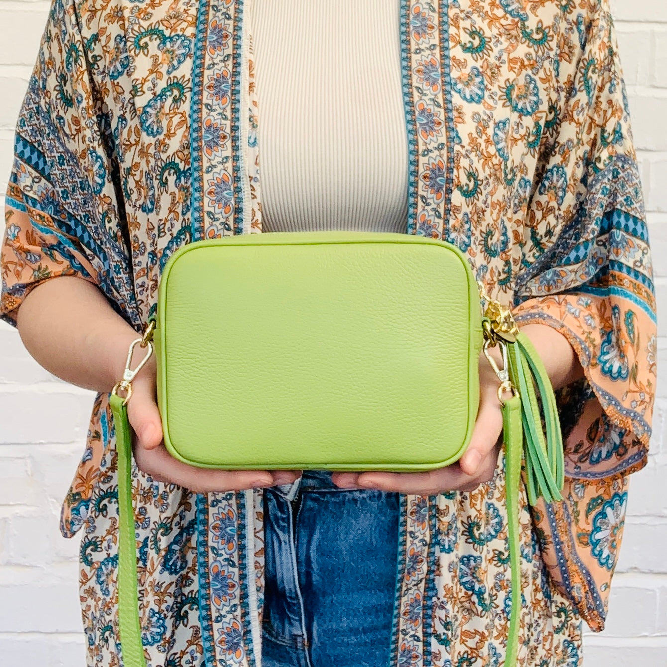Lime Green Leather Crossbody Bag With Tassel - Darcy STUDIO TEW