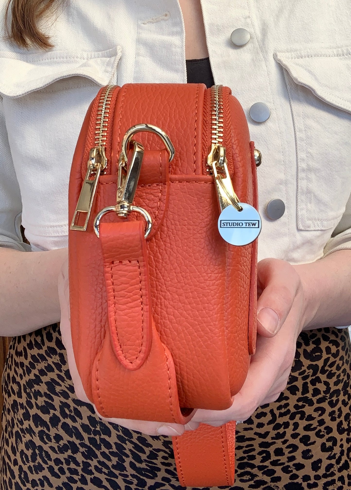 Burnt Orange Leather Double Zip Bag - Victoria