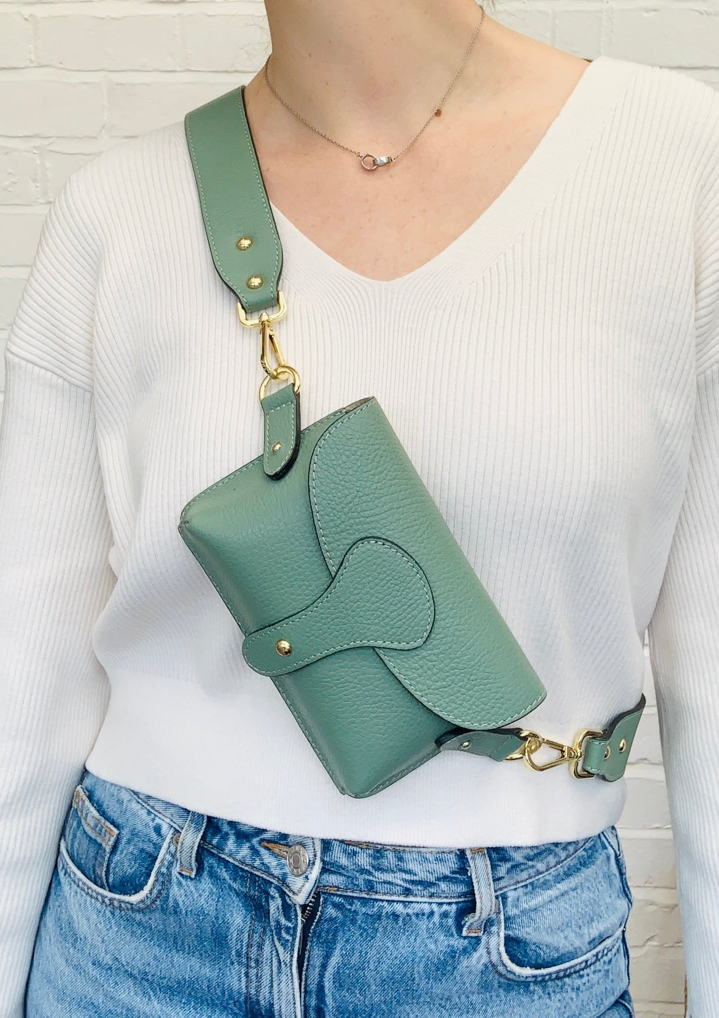 Dusty Green Leather Compact Crossbody Bag - Vogue STUDIO TEW
