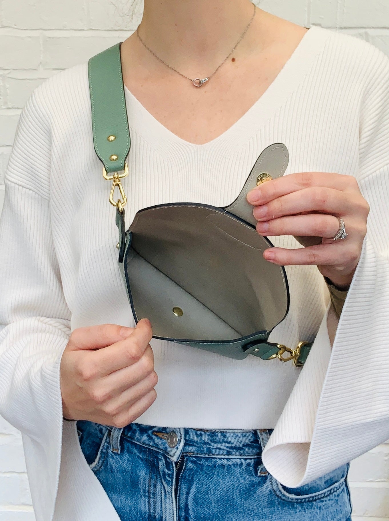 Dusty Green Leather Compact Crossbody Bag - Vogue STUDIO TEW