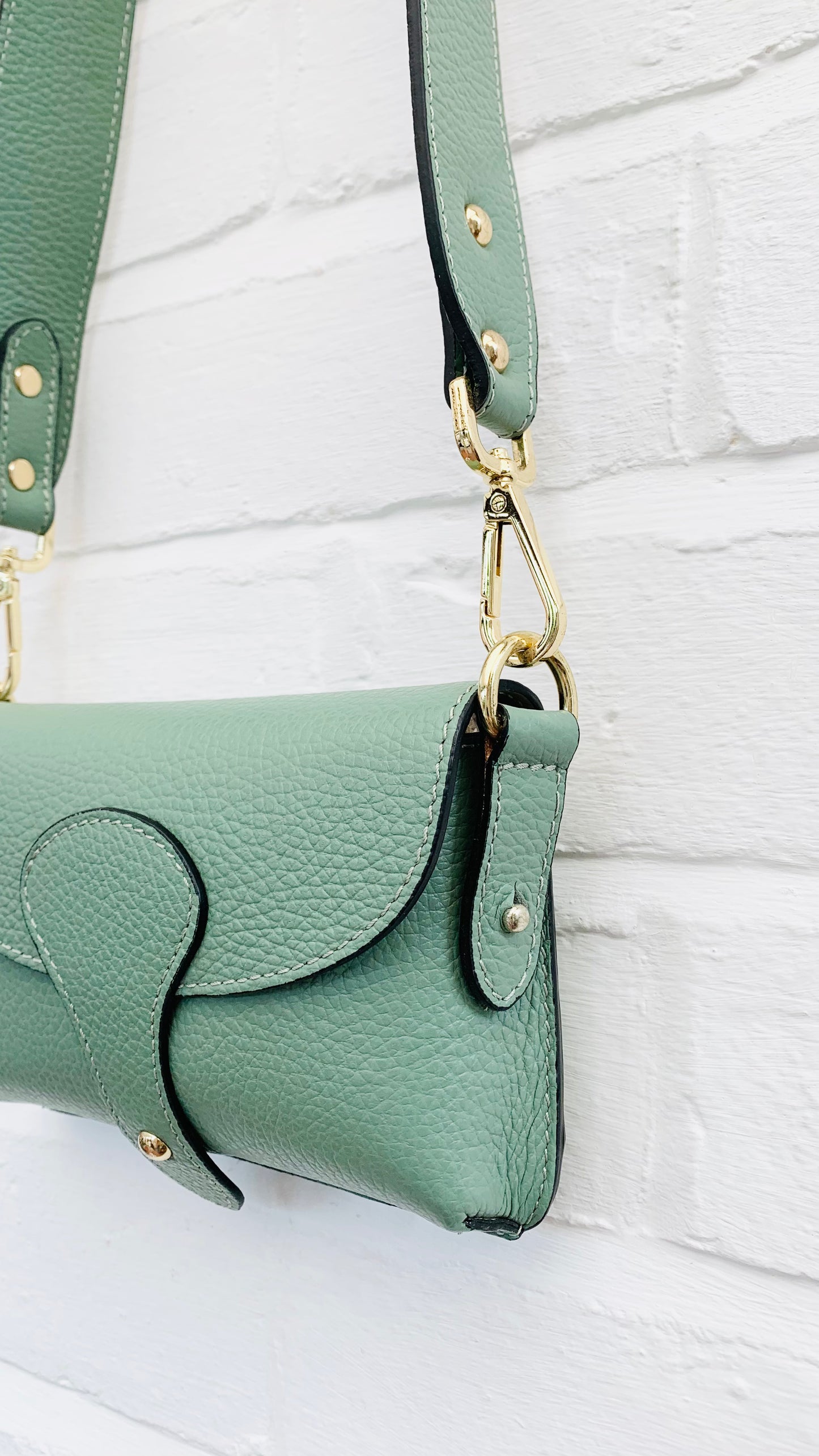 Dusty Green Leather Compact Crossbody Bag - Vogue STUDIO TEW