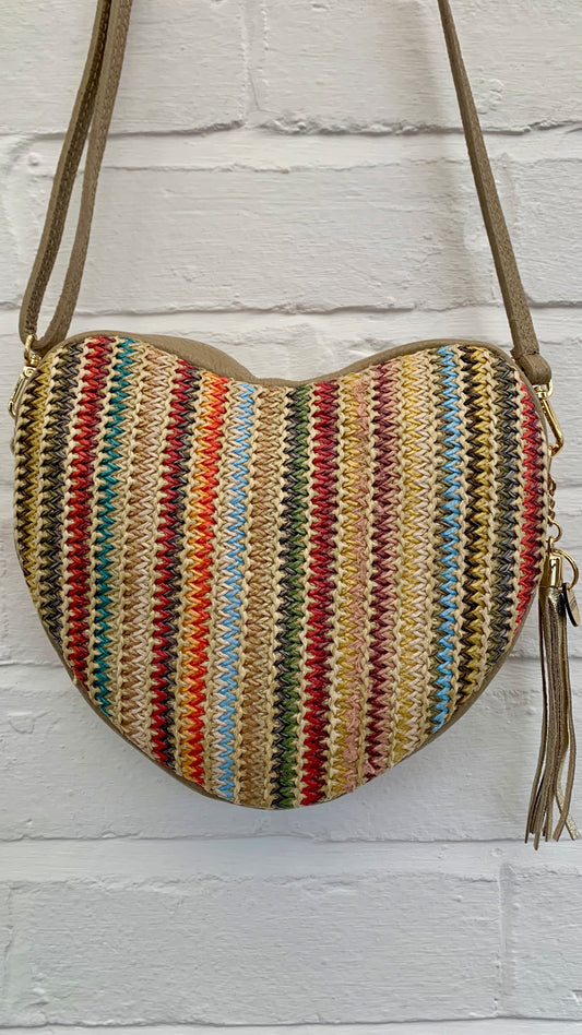 Taupe Love Heart Raffia Bag - Riviera