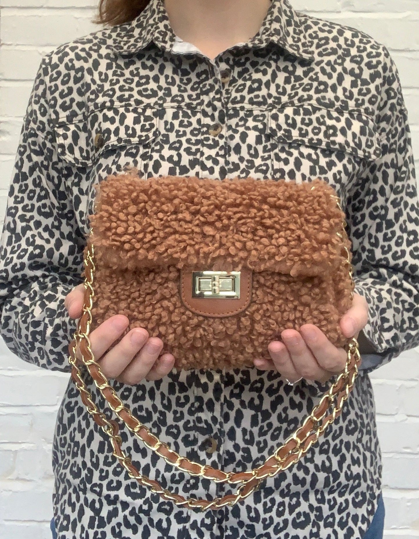 Faux Shearling And Leather Bag With Chain Handle - Willow STUDIO TEW