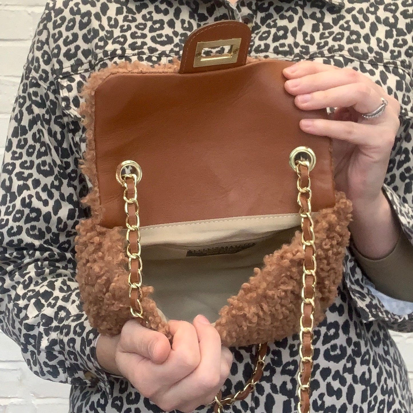 Faux Shearling And Leather Bag With Chain Handle - Willow STUDIO TEW
