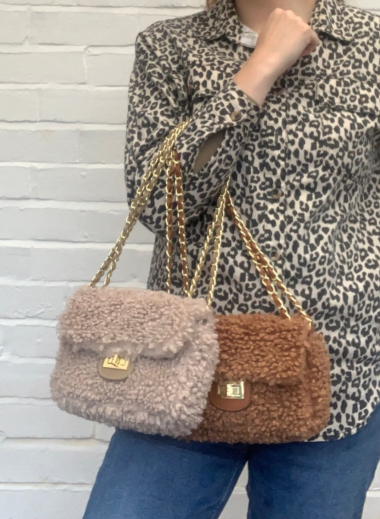 Faux Shearling And Leather Bag With Chain Handle - Willow STUDIO TEW