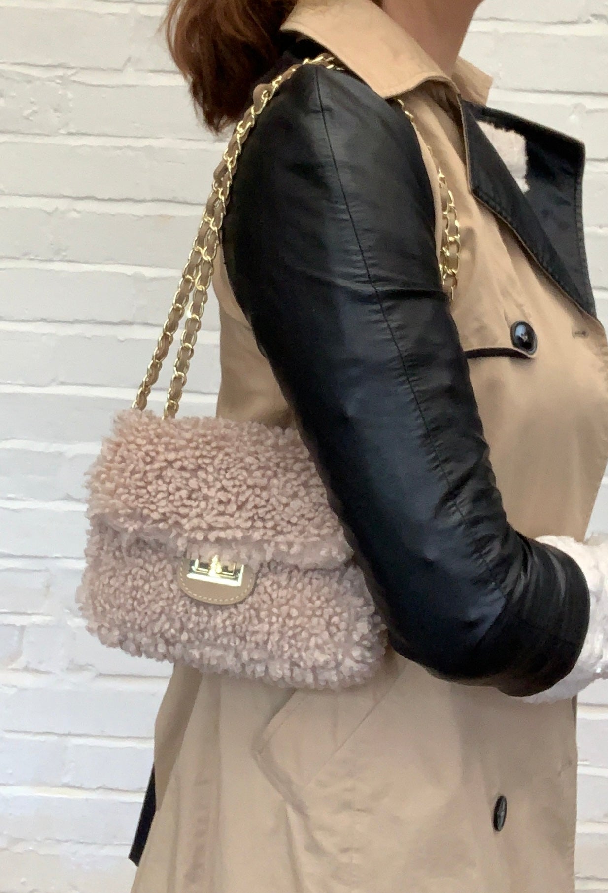 Faux Shearling And Leather Bag With Chain Handle - Willow STUDIO TEW