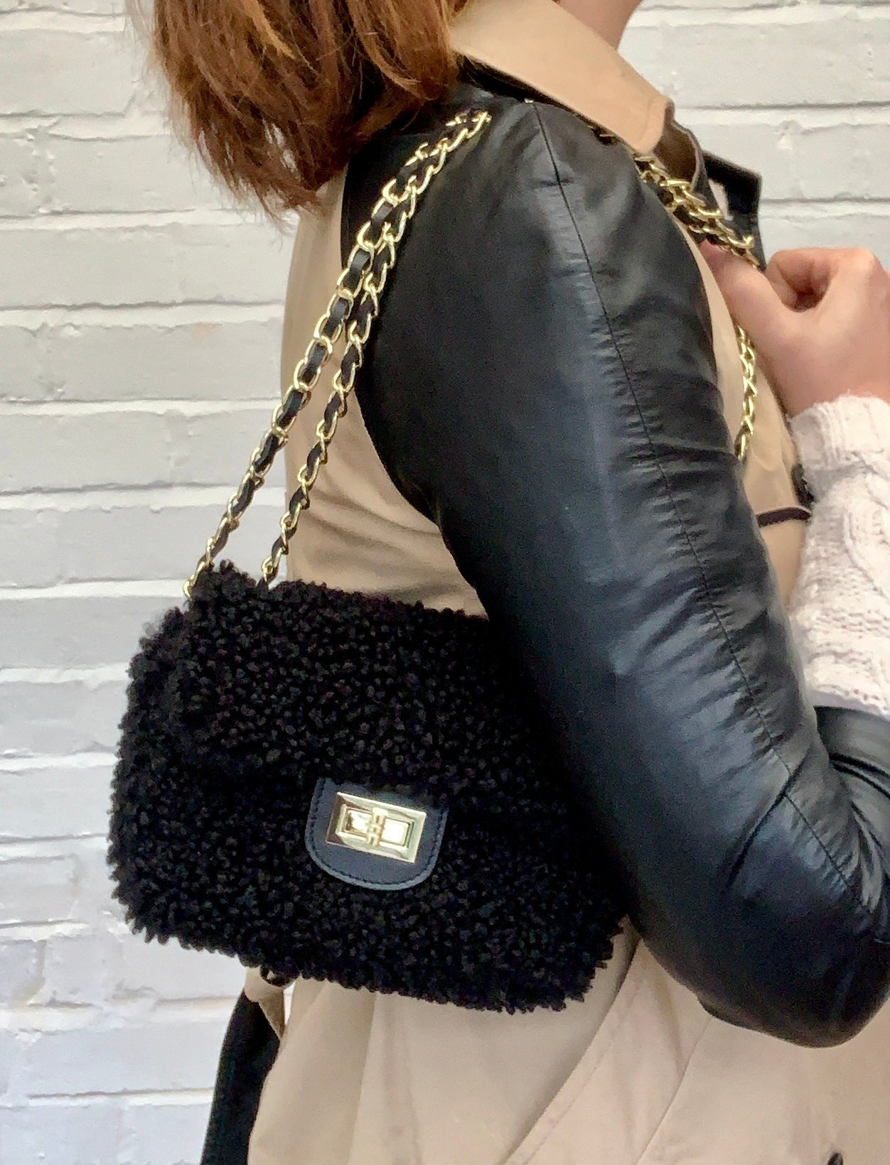 Faux Shearling And Leather Bag With Chain Handle - Willow STUDIO TEW
