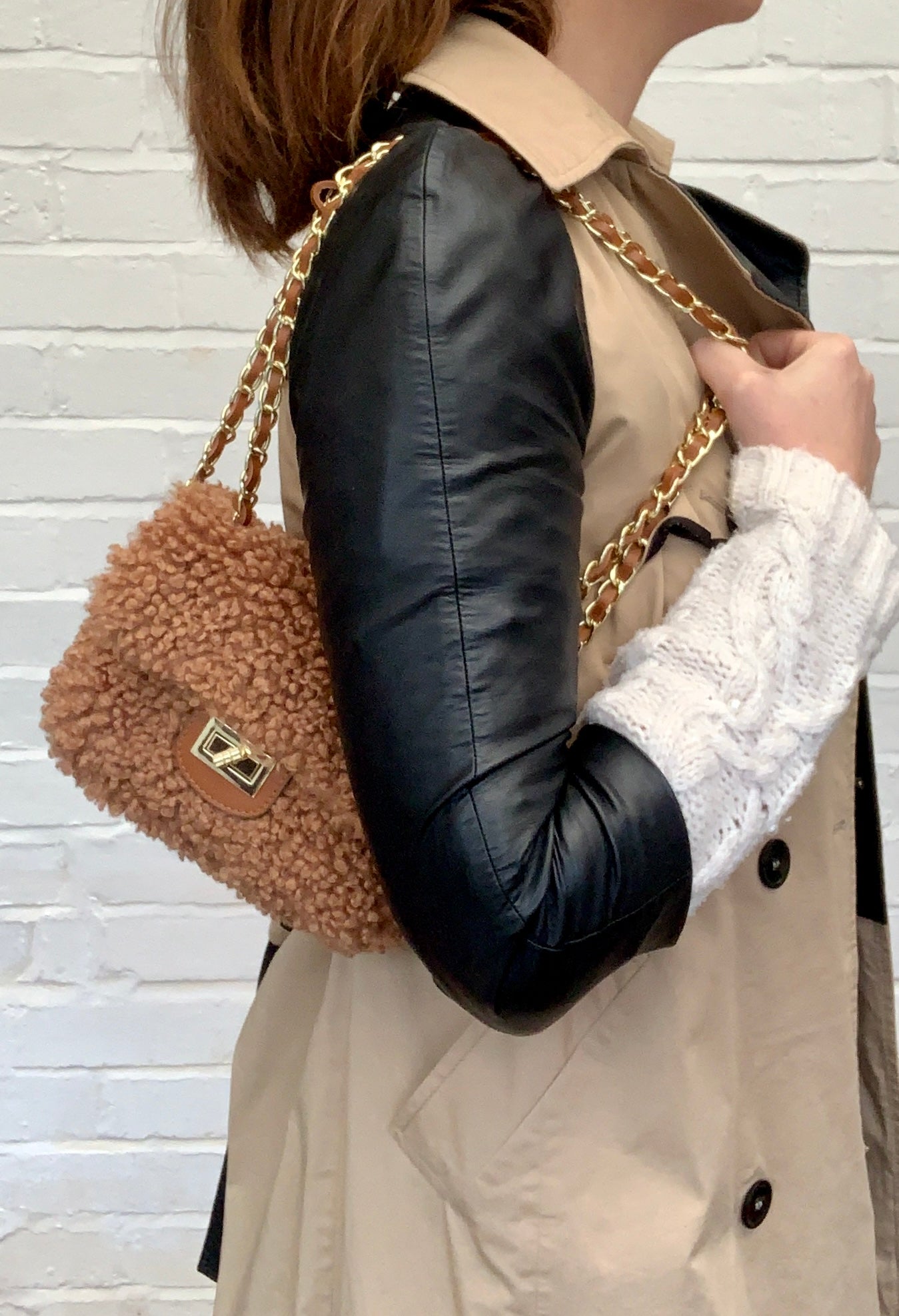 Faux Shearling And Leather Bag With Chain Handle - Willow STUDIO TEW