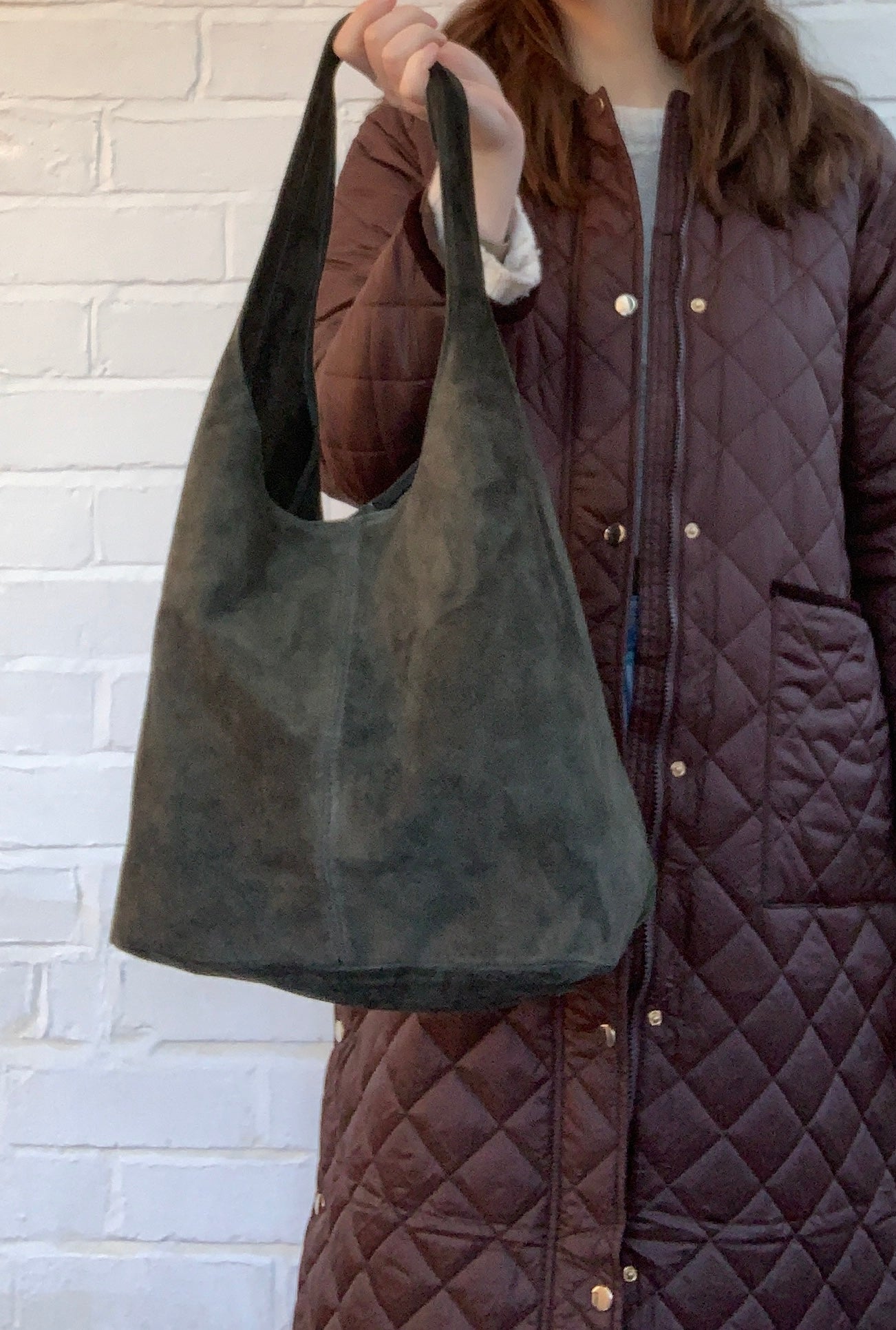 Dark Green Suede Oversized Shoulder Bag - Charlie STUDIO TEW