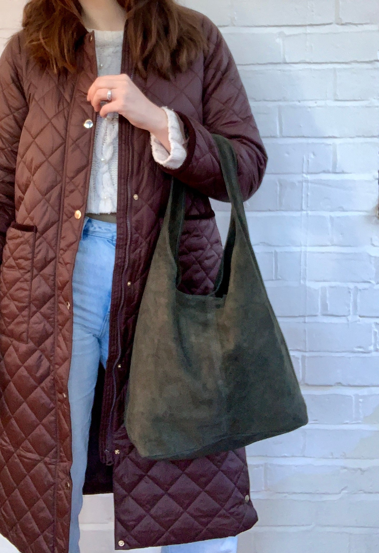 Dark Green Suede Oversized Shoulder Bag - Charlie STUDIO TEW