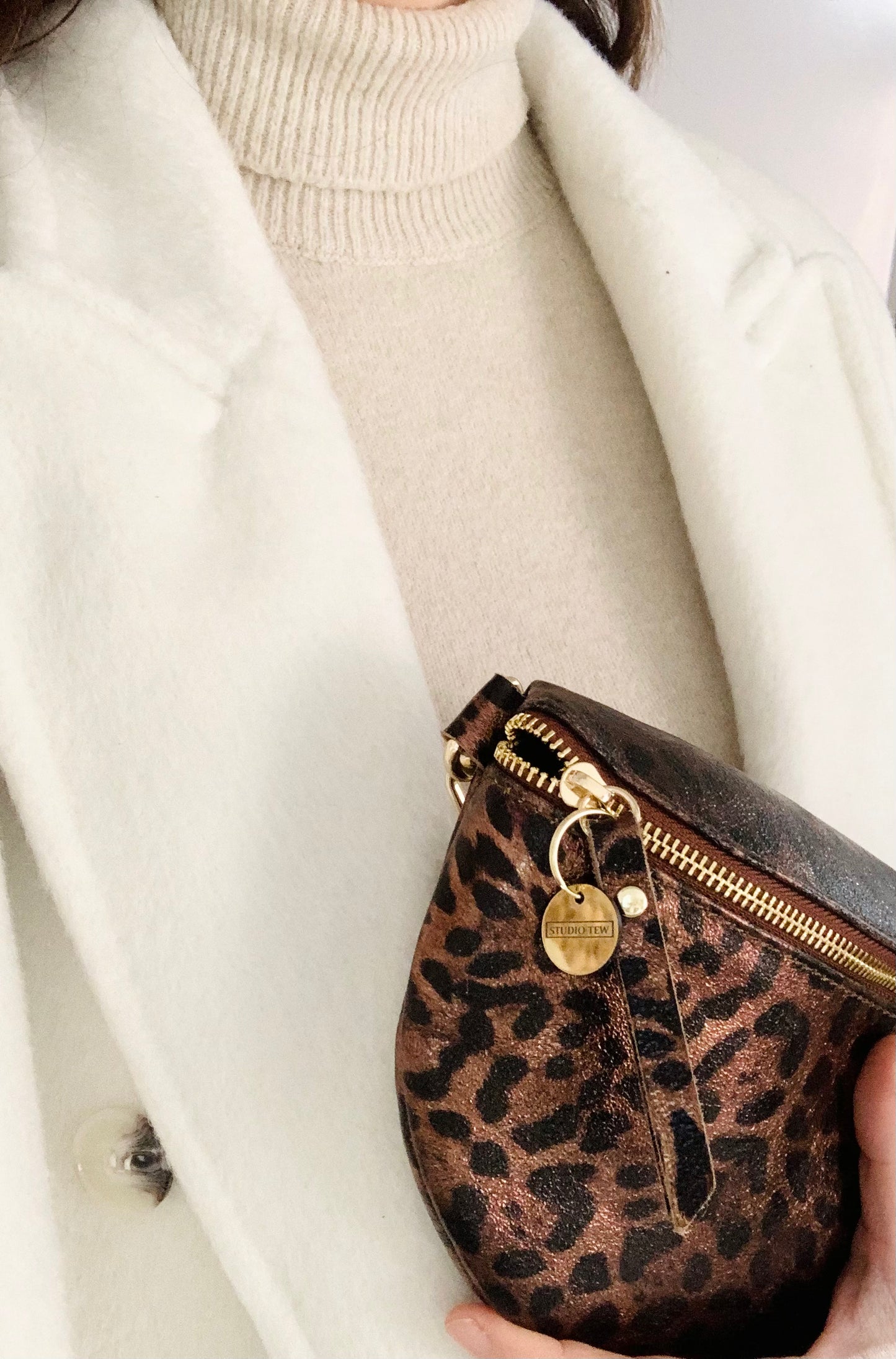 Dark Tan Leopard Print Leather Bum Bag - Zina STUDIO TEW