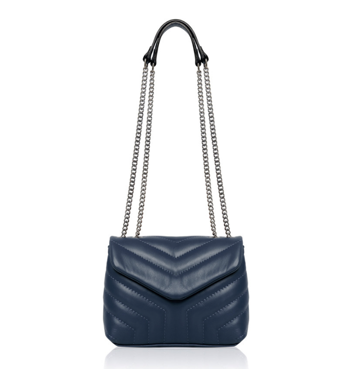 Navy Quilted Leather Bag With Chain Handle - Monaco STUDIO TEW