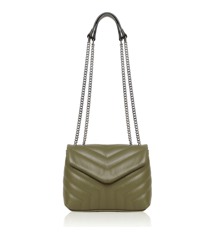 Olive Green Quilted Leather Bag With Chain Handle - Monaco STUDIO TEW