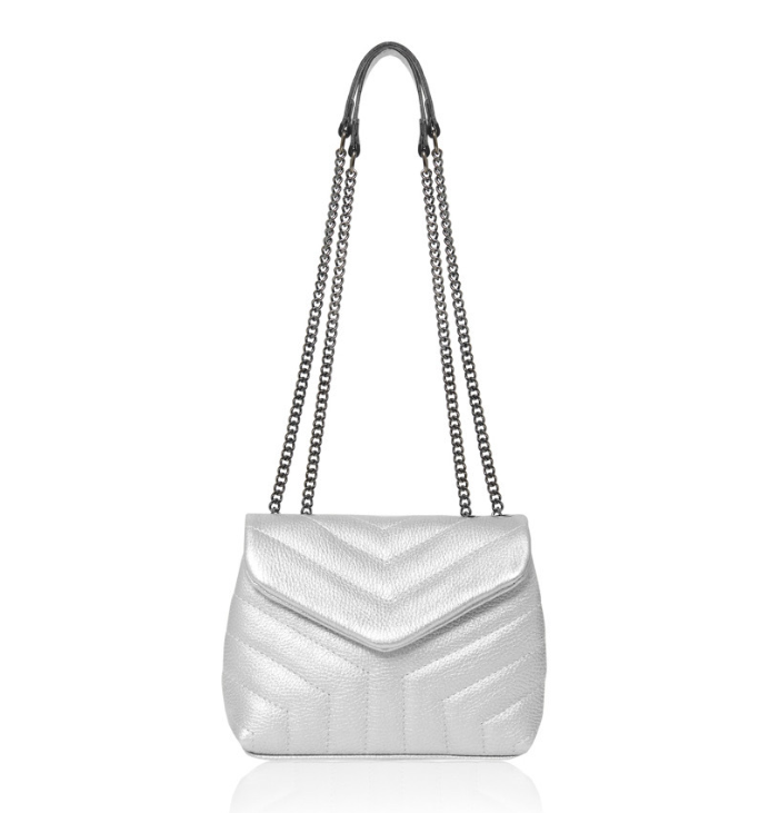 Silver Quilted Leather Bag With Chain Handle - Monaco STUDIO TEW